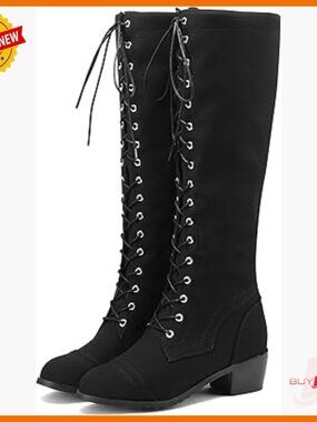 Knee High Combat Boots Lace Up Low Heel Military Tall Boots